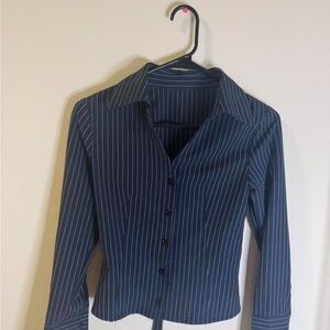 Navy Pinstripe Button-Up Blouse